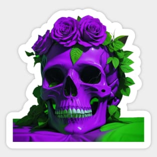 Gothic Elegance Meets Urban Flair: Green and Violet Skull Aesthetic with Roses Sticker